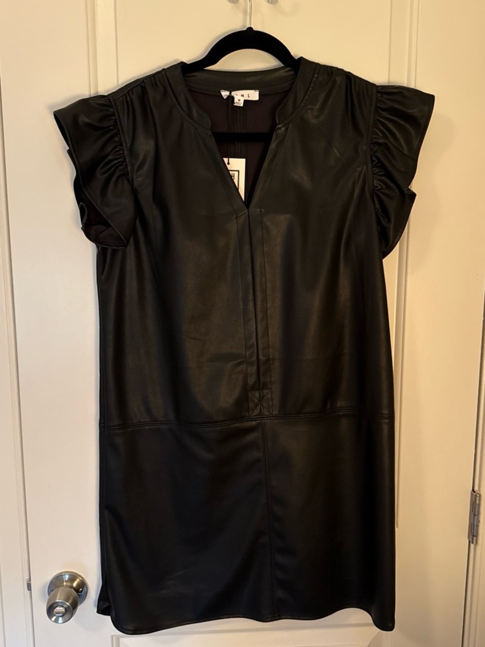 THML Black Faux Leather V-Neck Ruffle Sleeve Shift Dress